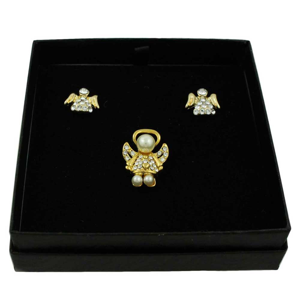 Lilylin Designs Gold Crystal Little Angel Lapel Tac Pin + Earring Set