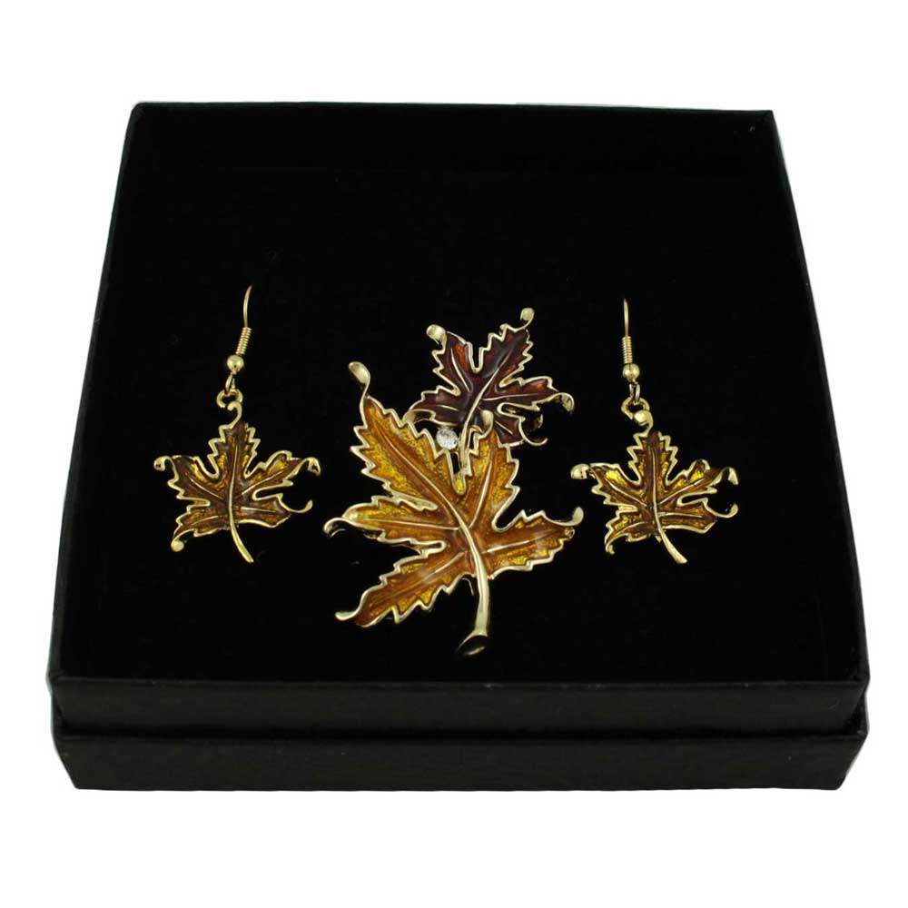 Lilylin Designs Gold and Burgundy Maple Leaves Pin and Earring Set
