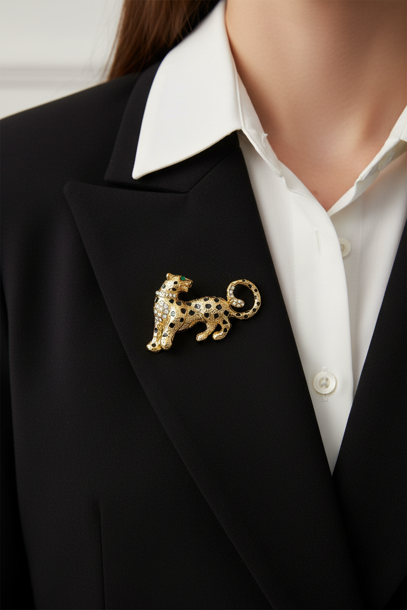 Model wearing gold and crystal cheetah brooch pin on a black jacket - Lilylin Designs
