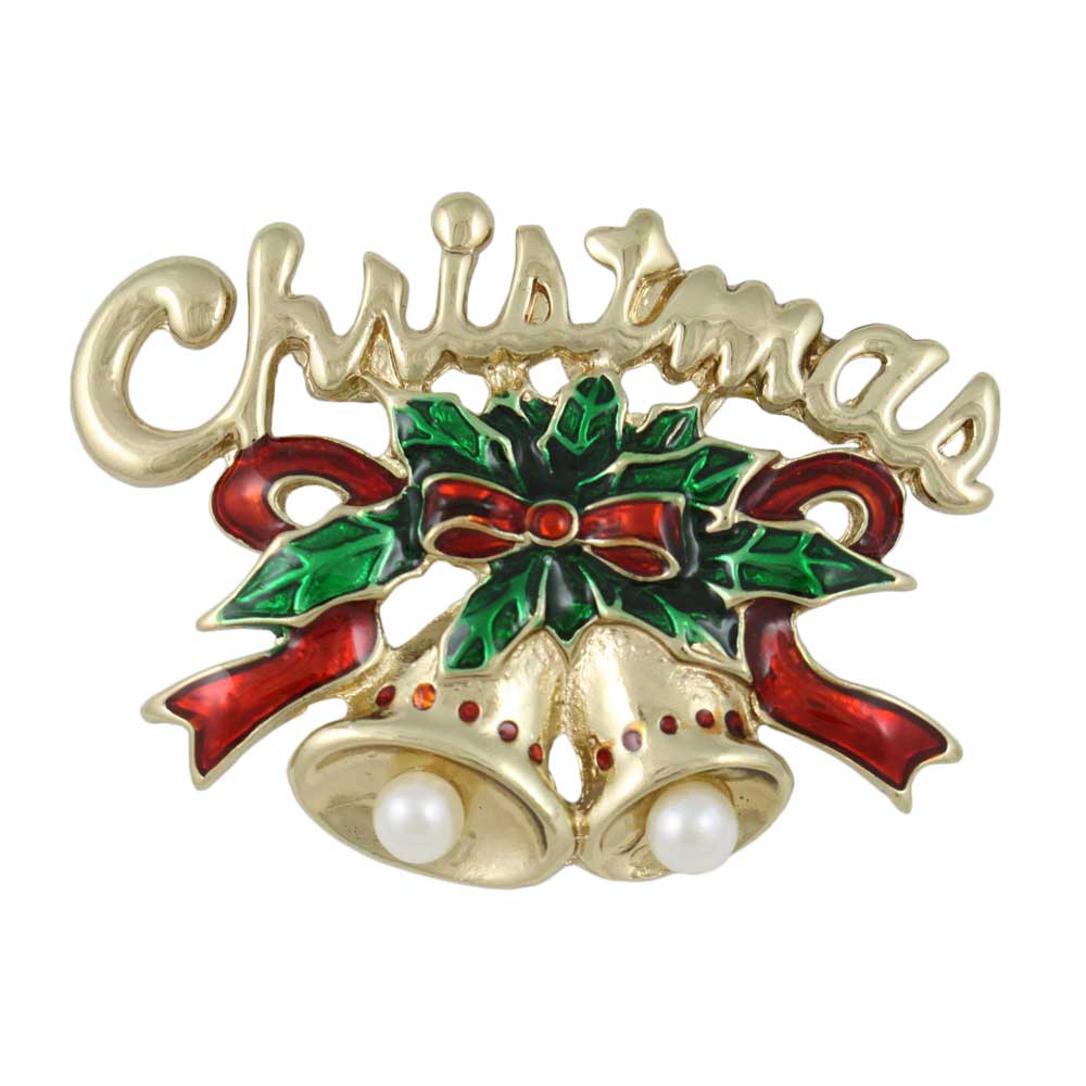 Gold Christmas Bell with Red and Green Ribbon Brooch Pin - Lilylin Designs