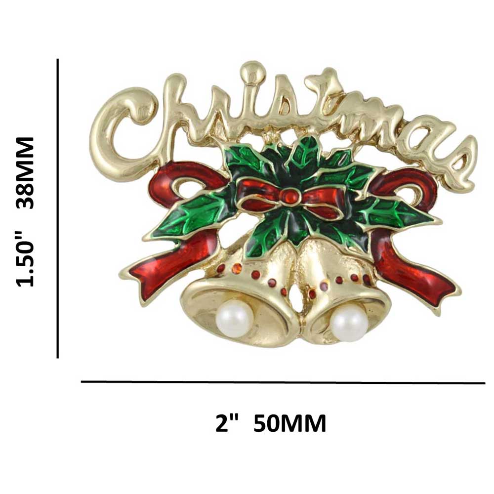 Gold Christmas Bells with Red and Green Ribbon Brooch Pin with measurements - Lilylin Designs