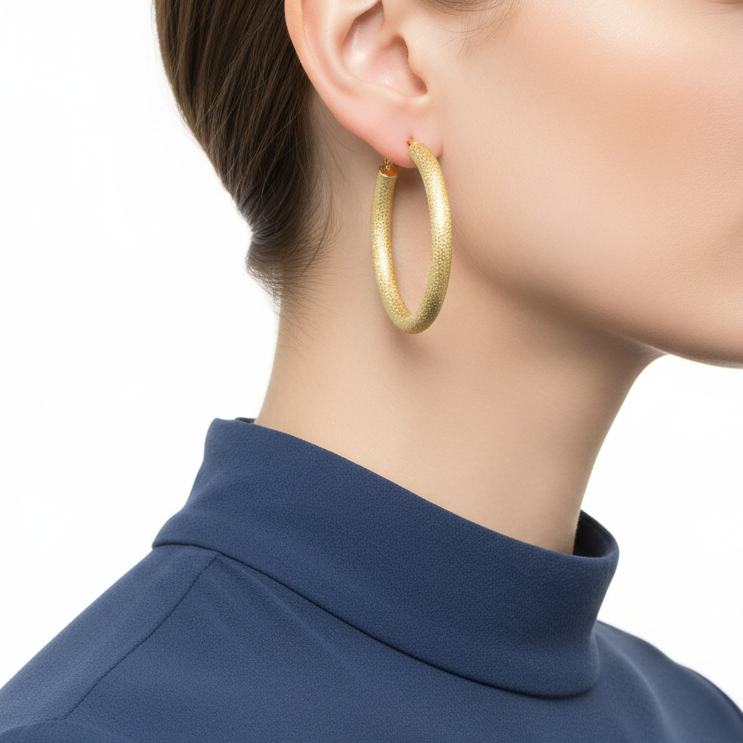 Model wearing 1.5" gold-tone frosted hoop earring - Lilylin Designs