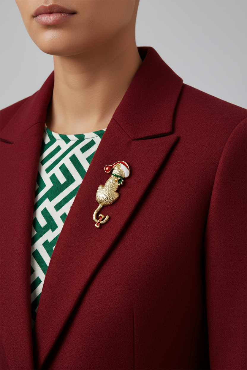 Model wearing gold Santa cat pin on a red jacket - Lilylin Designs