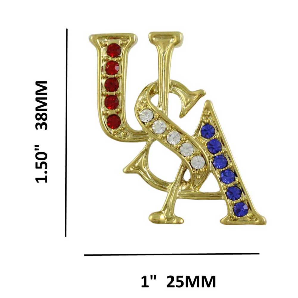 Gold Patriotic Red White Blue Crystal USA Brooch Pin with measurements - Lilylin Designs