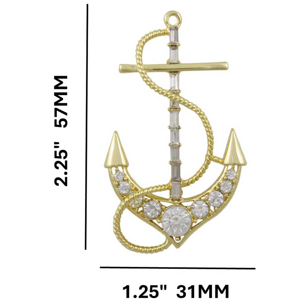 Gold Crystal Anchor with Clear Baguettes Brooch Pin with measurements - Lilylin Designs