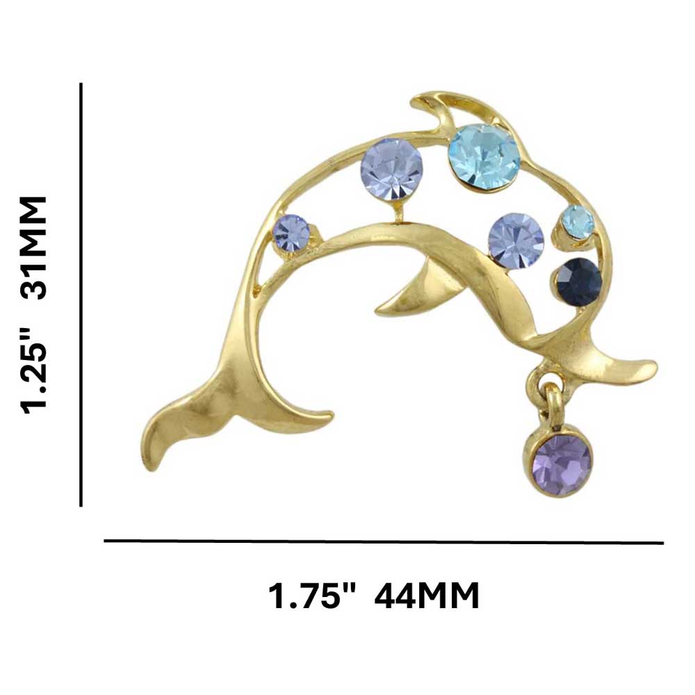 Blue Crystal Dolphin with Purple Crystal Ball Brooch Pin with measurements - Lilylin Designs