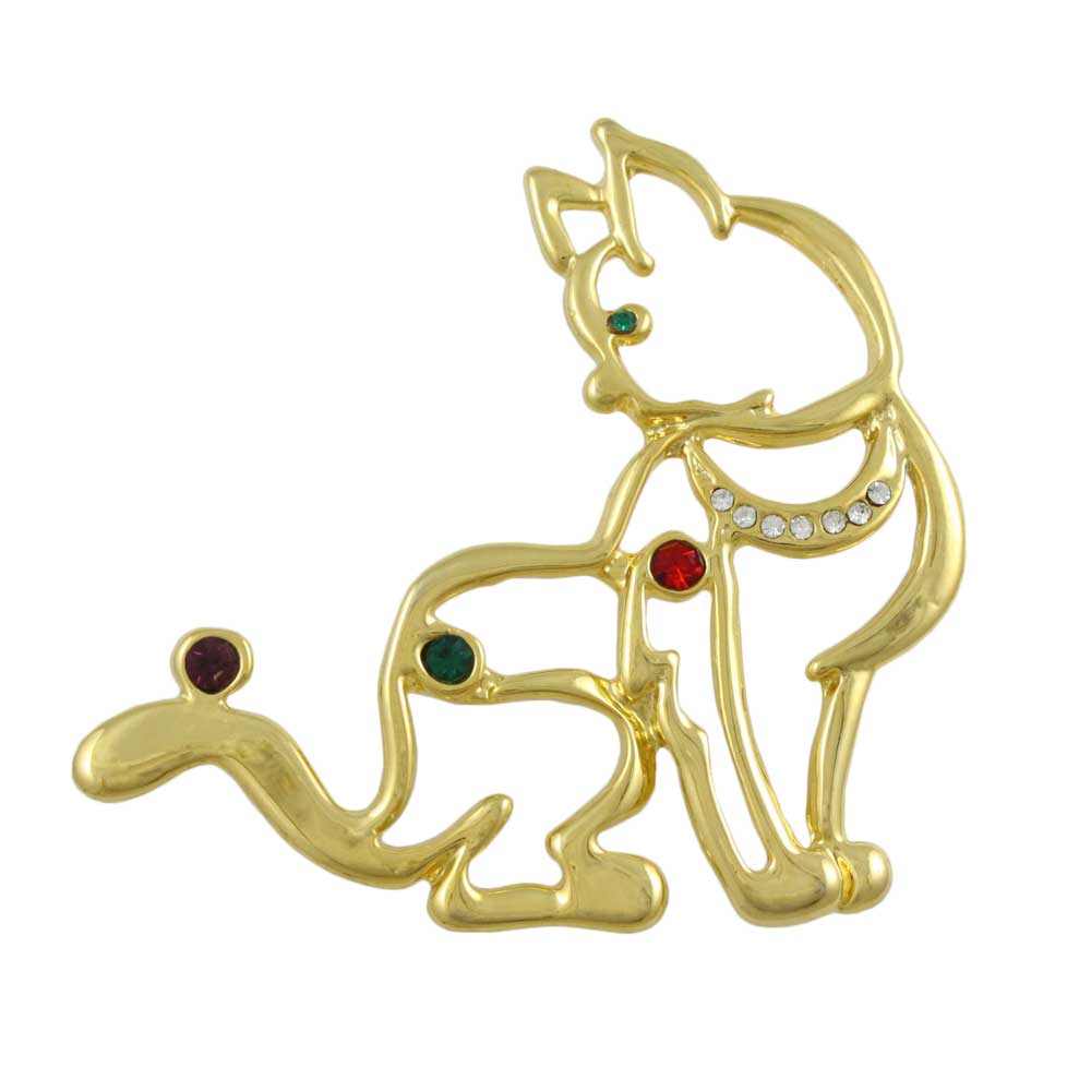 Gold and Crystal Cat with Ball on Tail Brooch Pin - Lilylin Designs