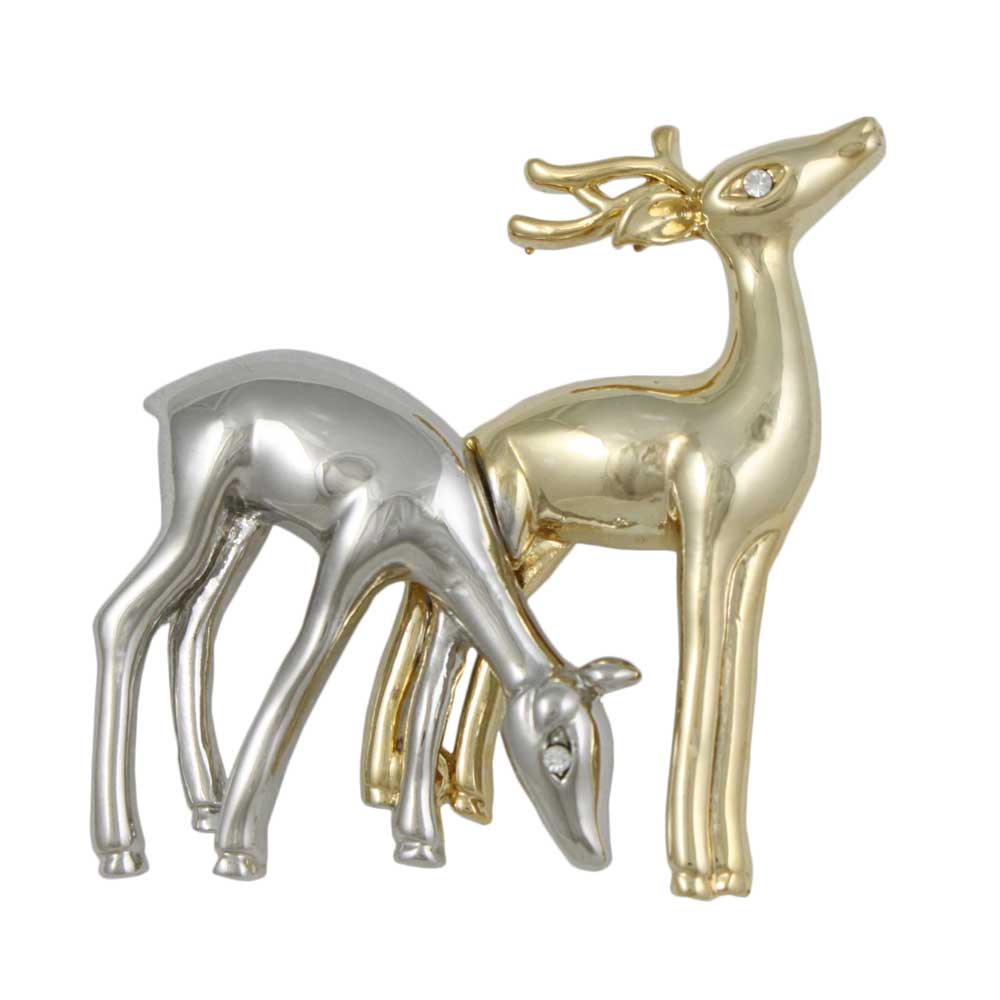 Silver and Gold Pair of Grazing Deer Brooch Pin - Lilylin Designs