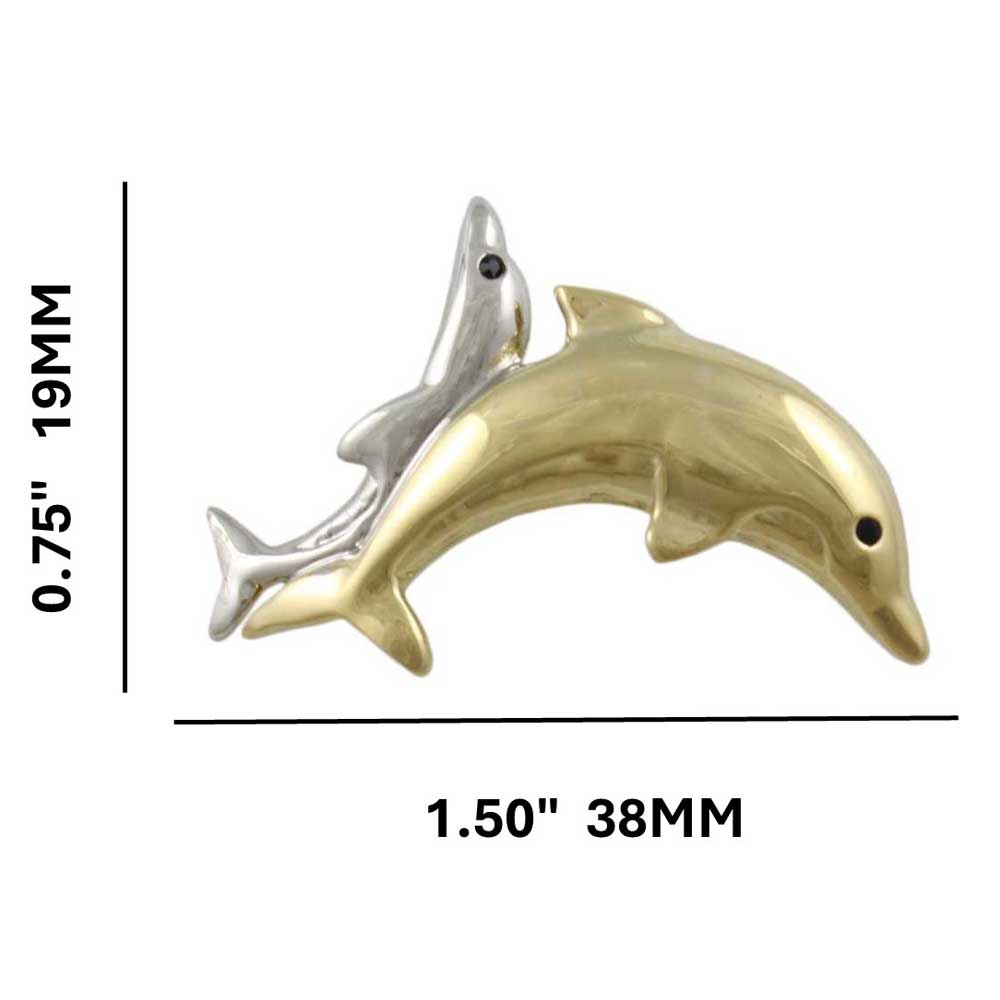 Gold and Silver Piggyback Dolphins Brooch Pin with measurements - Lilylin Designs