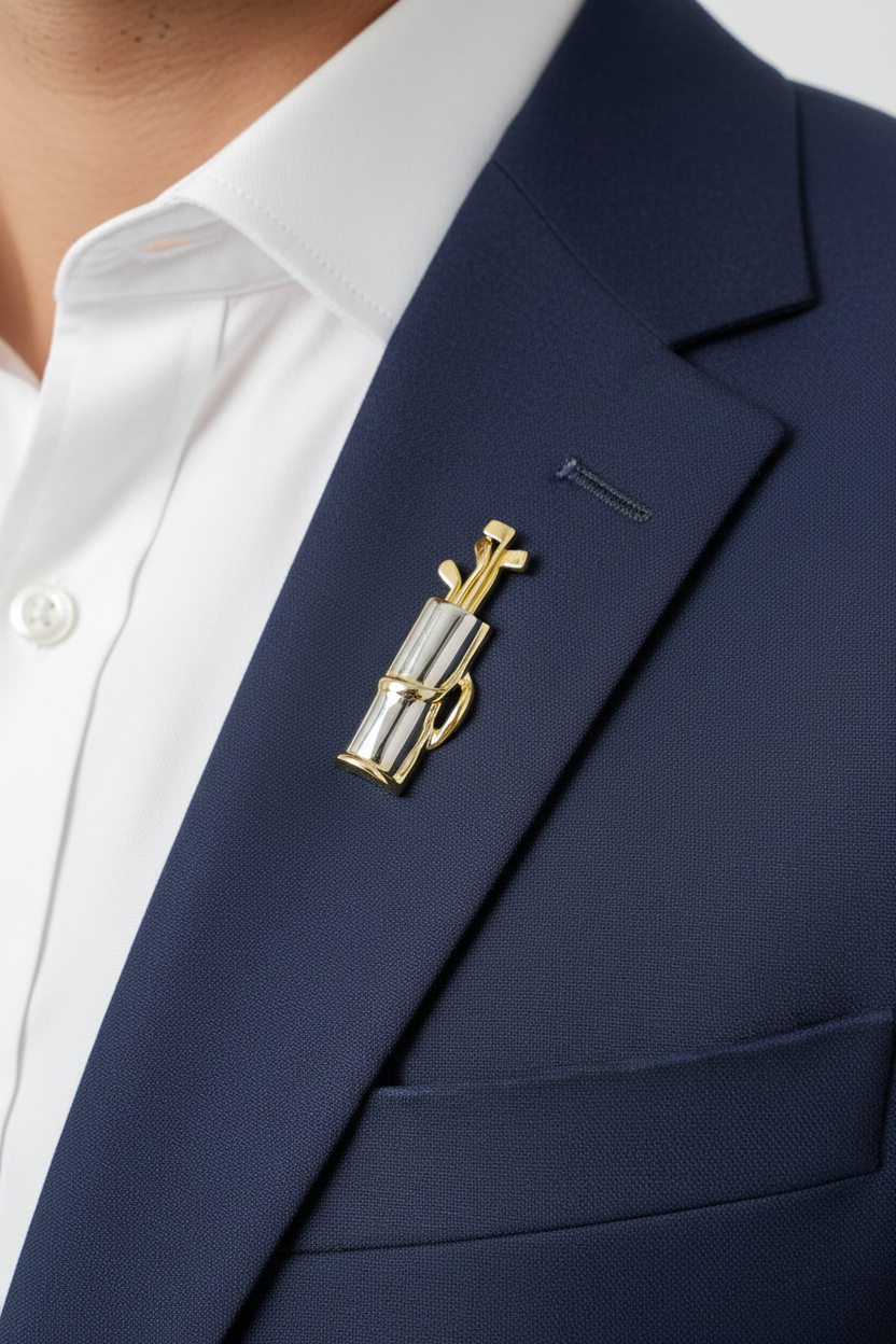 A gold and silver golf club pin brooch pinned to a navy blue suit jacket over a white collared shirt. - Lilylin Designs