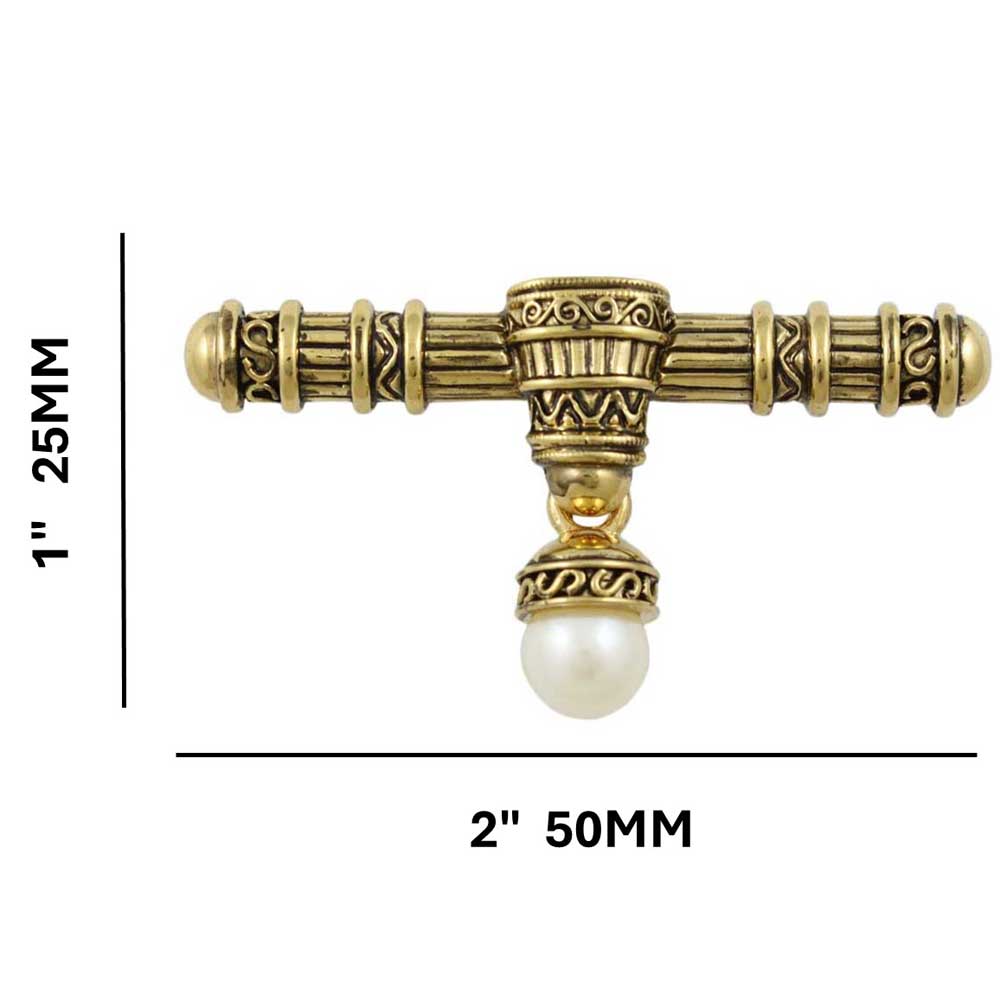 Antique Gold - plated Bar with Dangling White Pearl Brooch Pin with measurements - Lilylin Designs