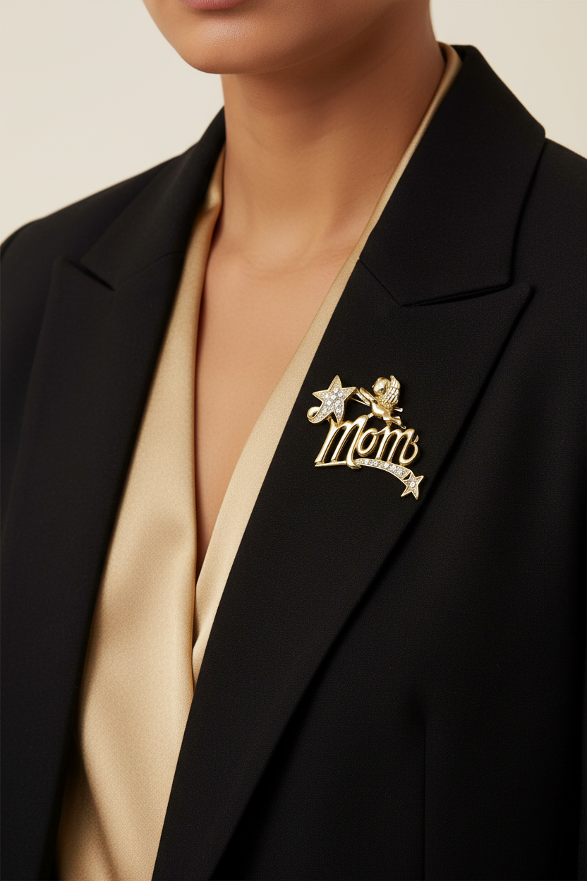 Model wearing gold cherub mom pin on a black jacket - Lilylin Designs