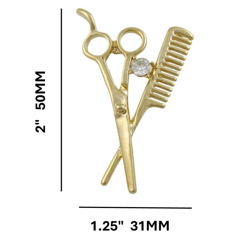 Scissors and Comb Brooch Pin with Clear Crystal with measurements - Lilylin Designs