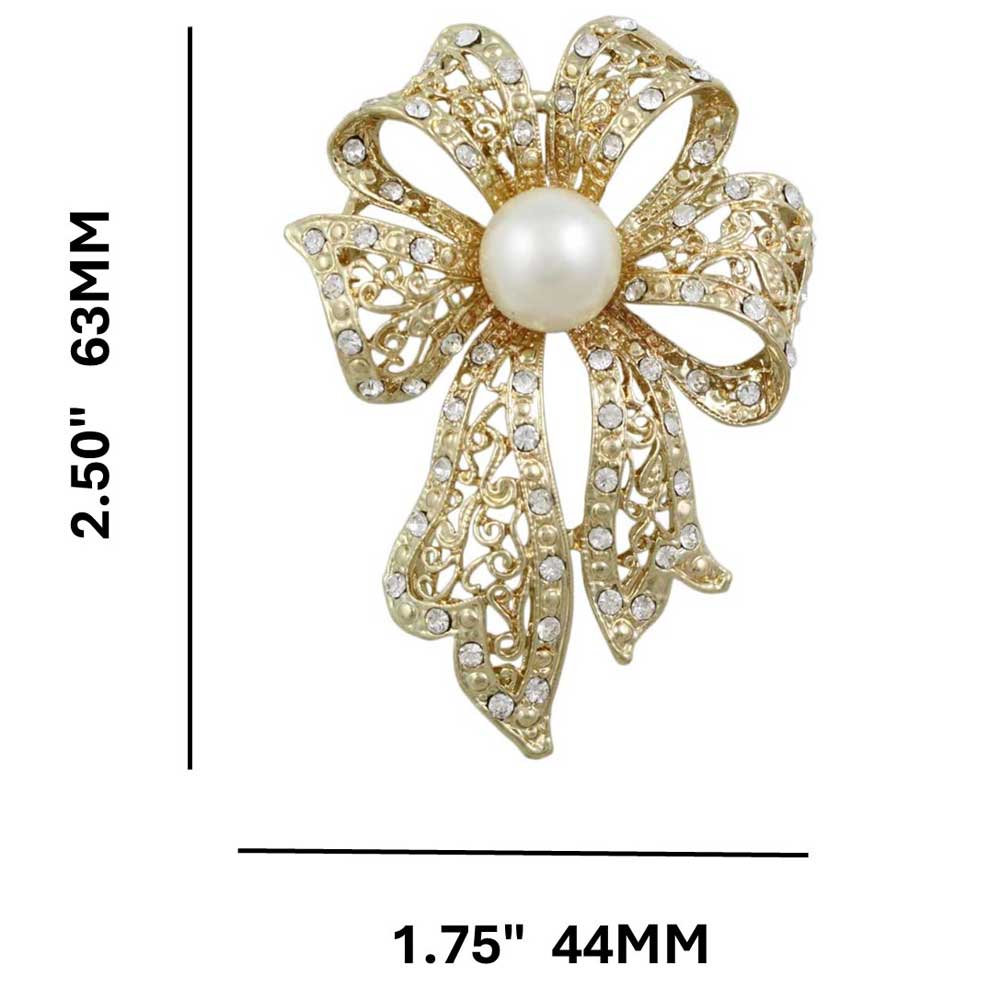 Large Gold Filigree Crystal Bow with White Pearl Pin shown with measurements - Lilylin Designs