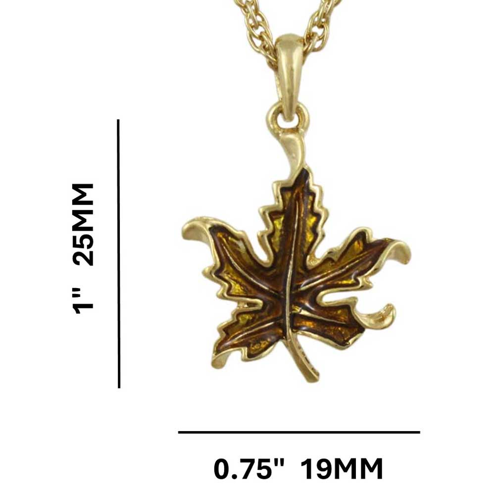 Gold Enamel Maple Leaf Pendant on Gold Chain with measurements - Lilylin Designs