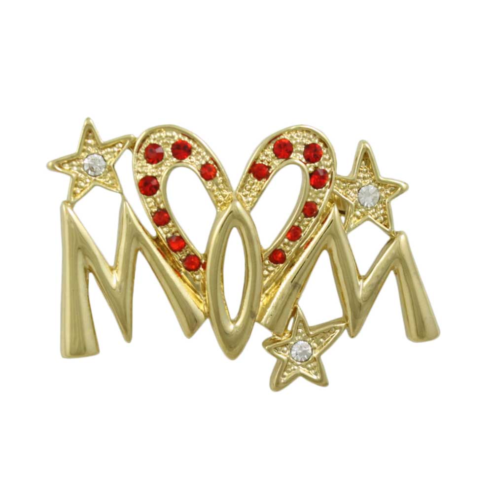 Gold with Red Crystal Elongated Heart MOM Brooch Pin - Lilylin Designs