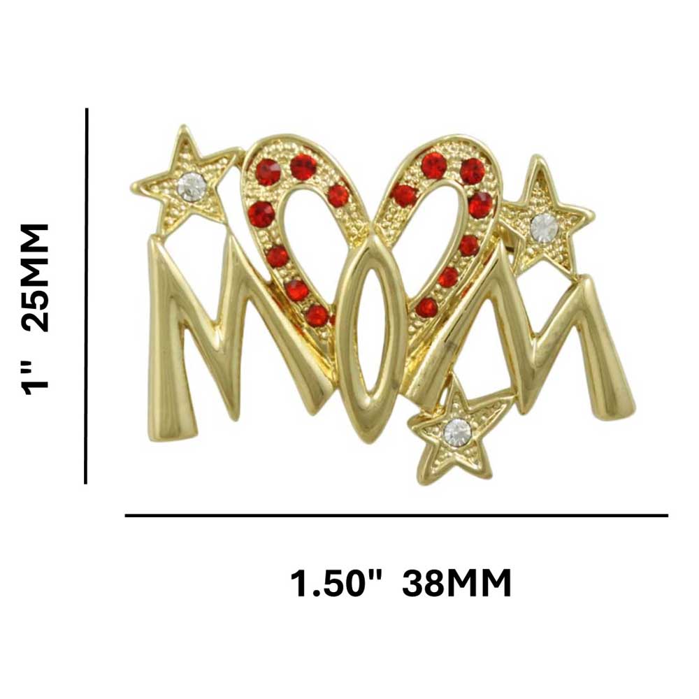 Gold with Red Crystal Elongated Heart MOM Brooch Pin with measurements - Lilylin Designs