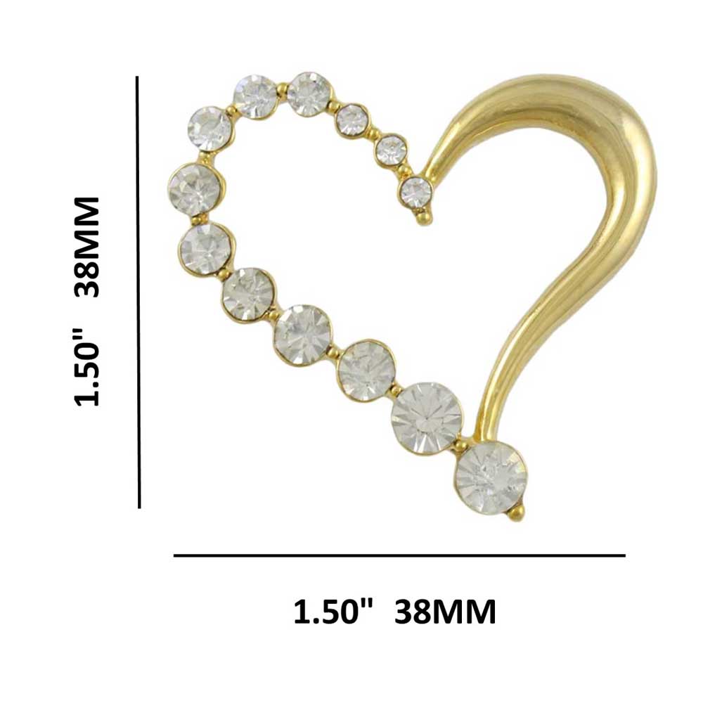 Half Gold Half Crystal Open Heart Brooch Pin shown with measurements - Lilylin Designs