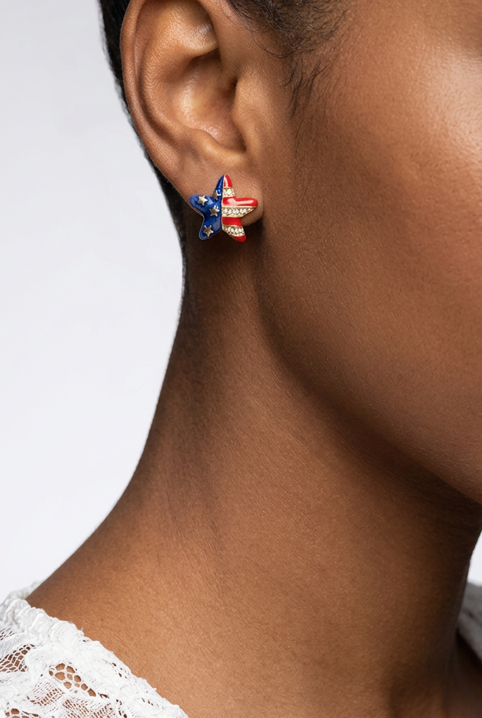 Model wearing gold patriotic star earring - Lilylin Designs
