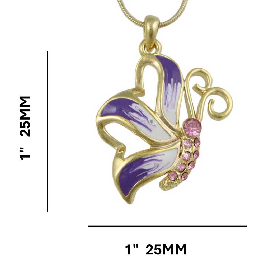 Purple Enamel and Crystal Butterfly Pendant with Gold Chain with measurements - Lilylin Designs