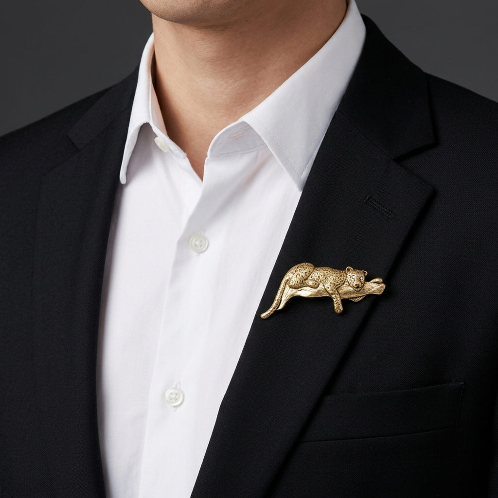 Cheetah Resting on Tree Branch Brooch Pin on model with a black jacket - Lilylin Designs