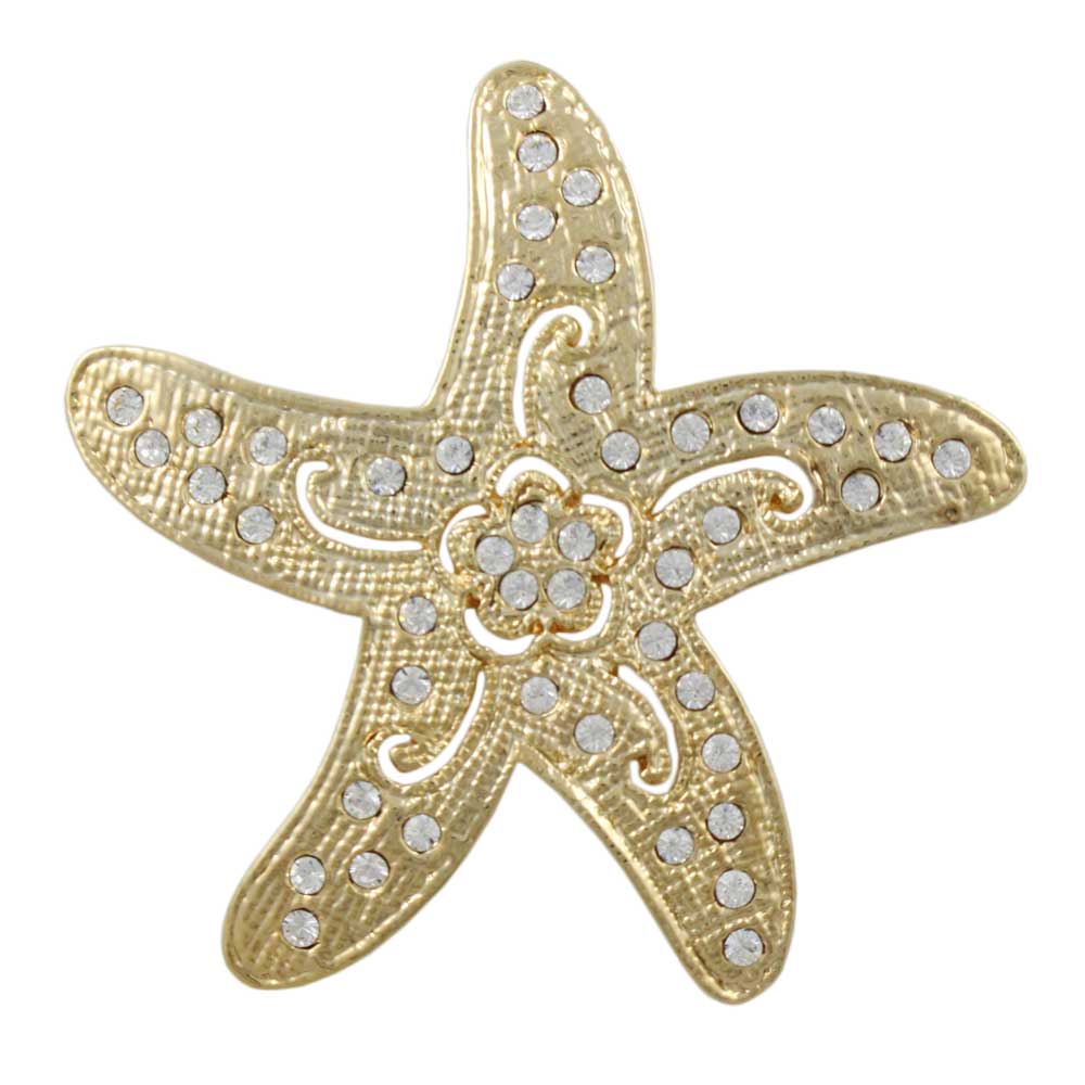 Gold Starfish with Clear Crystals and Flower Brooch Pin - Lilylin Designs