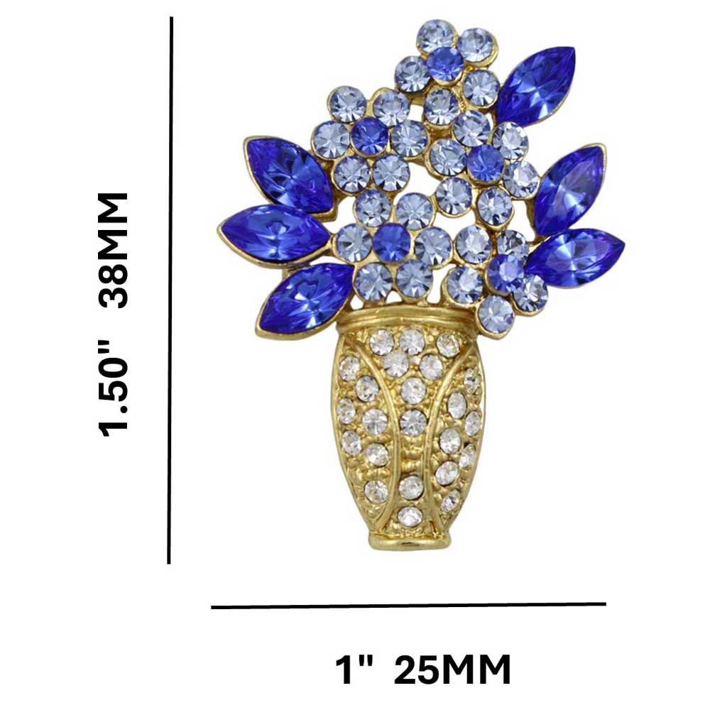 Gold Vase with Blue Crystal Daisies Flower Brooch Pin with measurements - Lilylin Designs