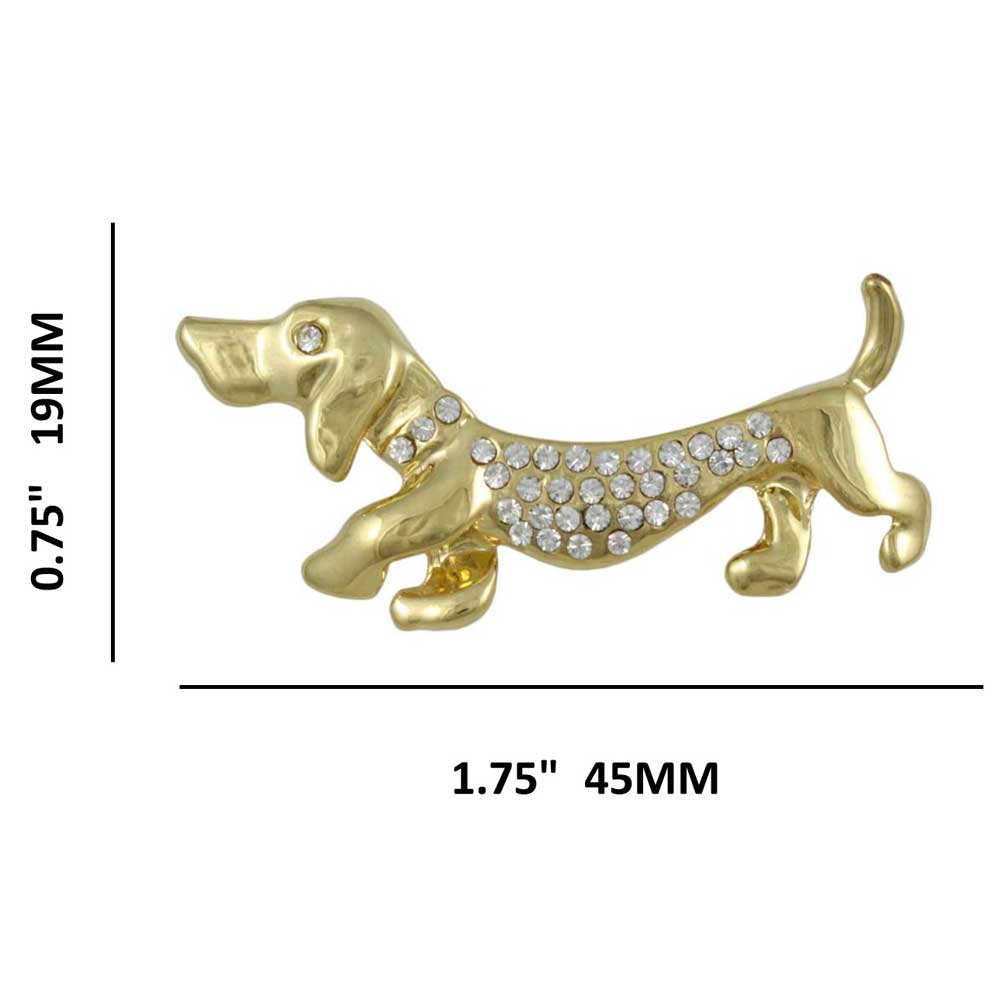 Gold with Crystals Dachshund Dog Brooch Pin shown with measurements - Lilylin Designs