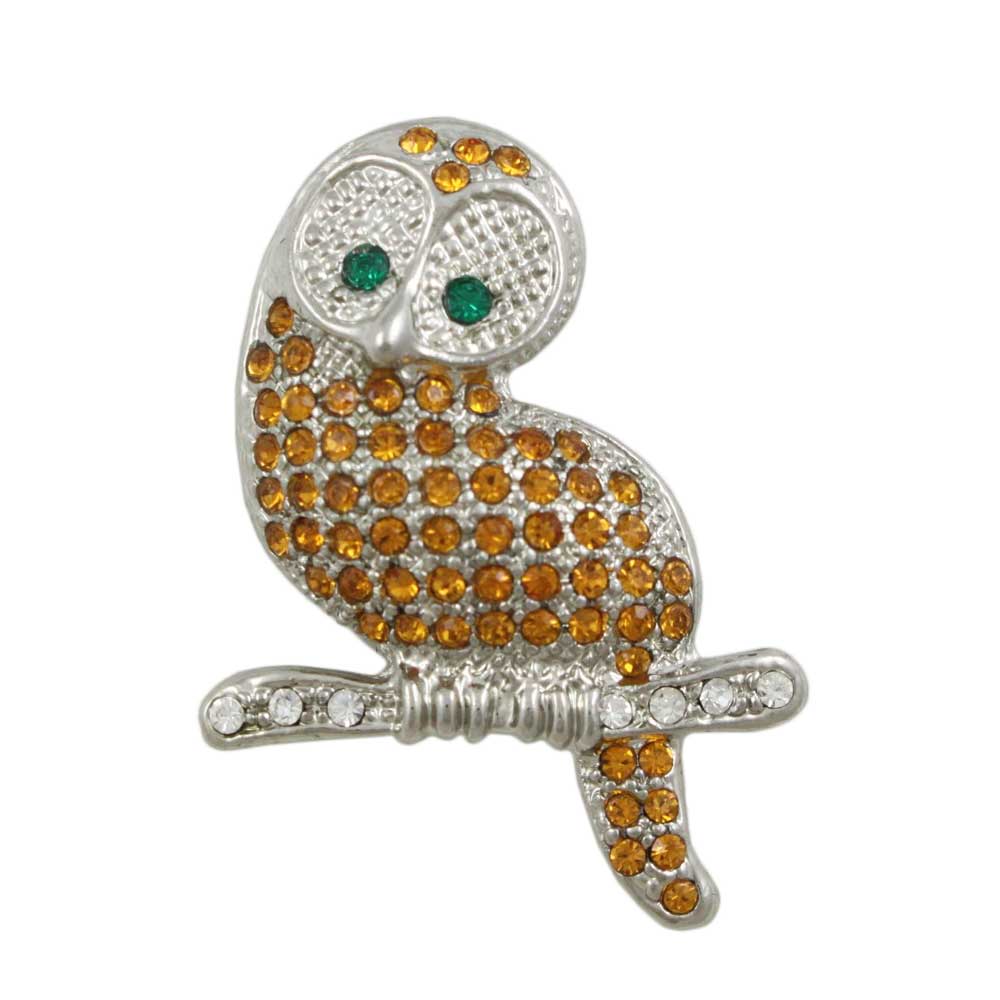 Golden Crystal Owl with Green Eyes Brooch Pin - Lilylin Designs