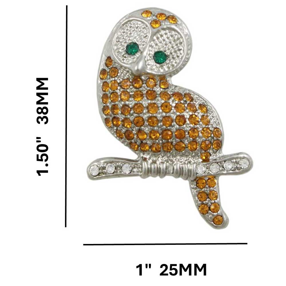 Golden Crystal Owl with Green Eyes Brooch Pin shown with measurements - Lilylin Designs