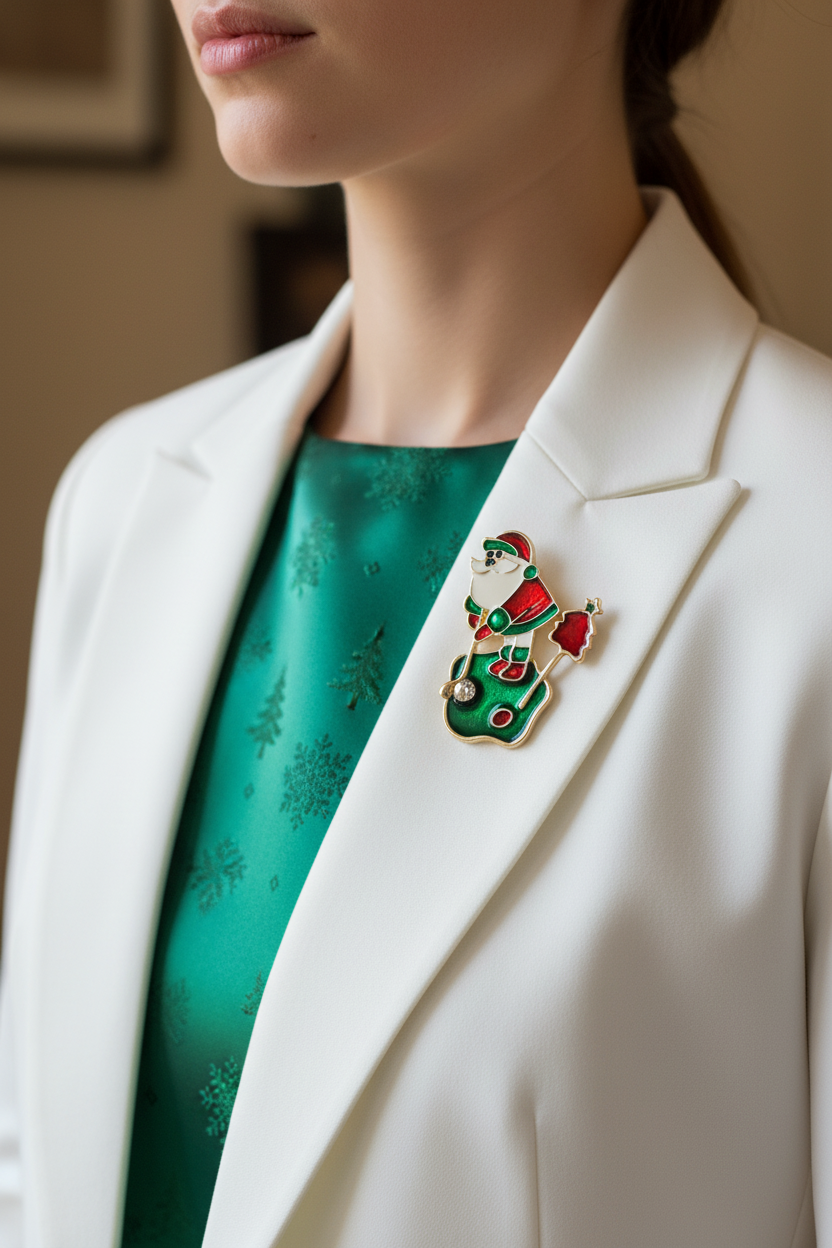 Model wearing golfing Santa pin on a white jacket with green top - Lilylin Designs