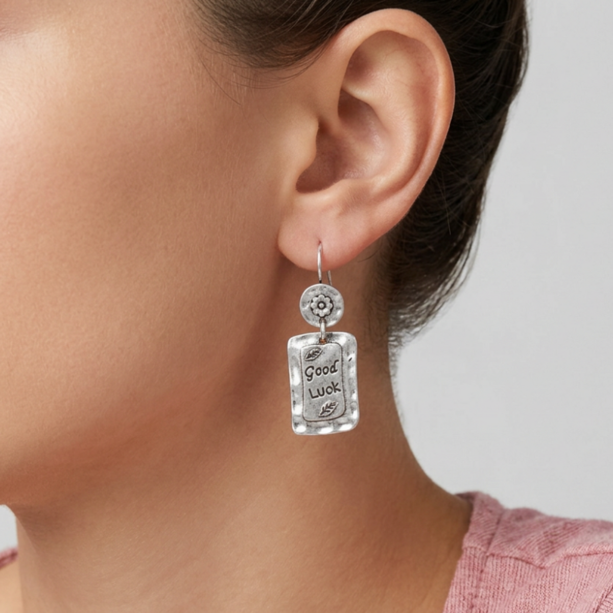 Model wearing Antiqued Hammered look Silver - tone Good Luck Pierced Earring - Lilylin Designs