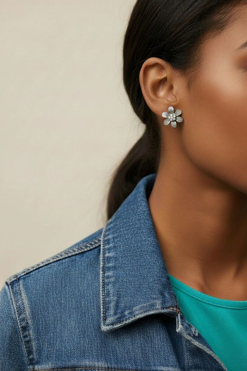 Model wearing gray daisy with AB crystals  stud earring - Lilylin Designs