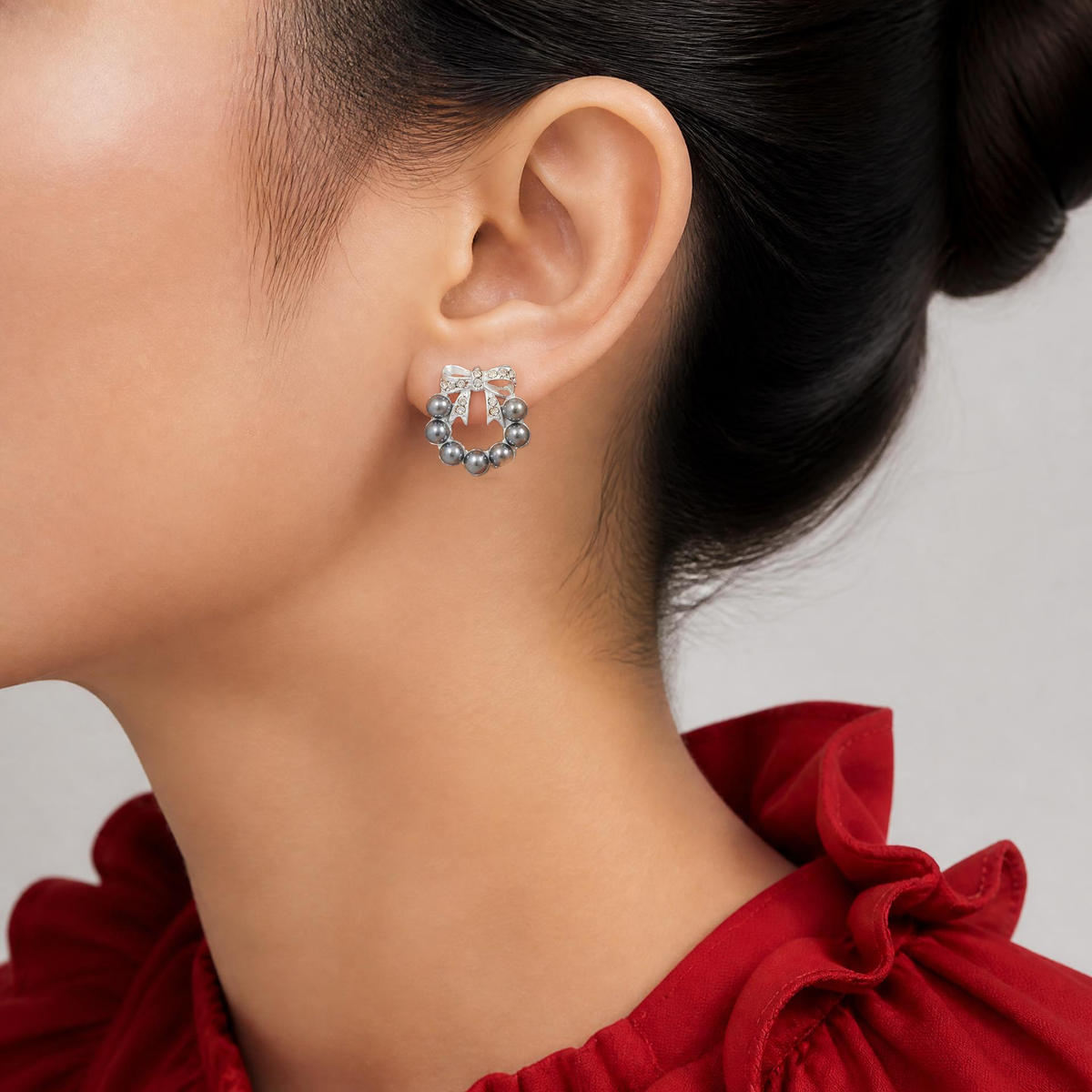 Model wearing gray pearl wreath with white crystal bow pierced earring - Lilylin Designs