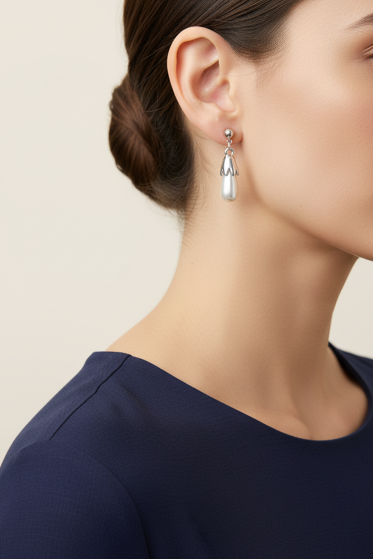 Model wearing Light Gray Teardrop Pearl Dangling Pierced Earring - Lilylin Designs