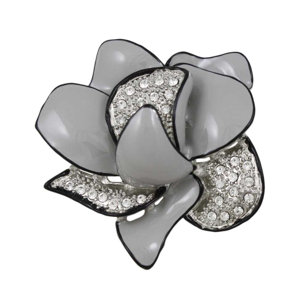 Gray Enamel Crystal Flower Trimmed in Black Brooch Pin - Lilylin Designs