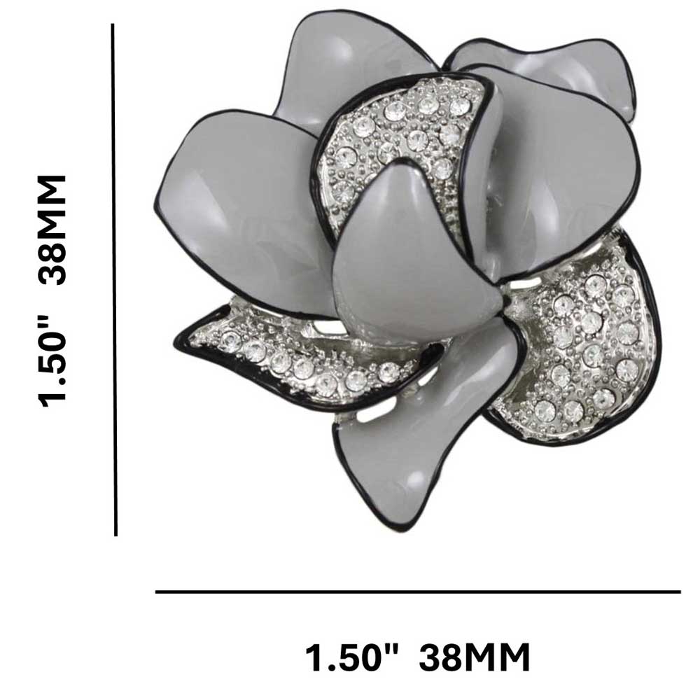 Gray Enamel Crystal Flower Trimmed in Black Brooch Pin with measurements - Lilylin Designs