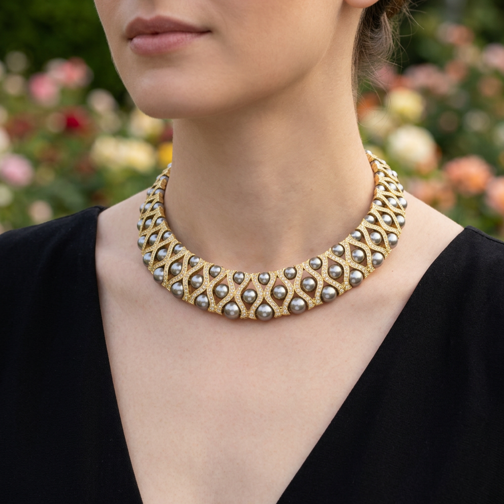 Woman wearing Elegant Gray Pearls with Clear Crystals Bib Choker - Lilylin Designs