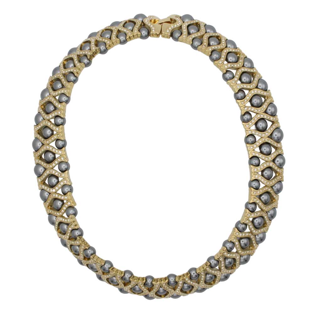 Elegant gray pearls and crystal bib choker necklace - Lilylin Designs