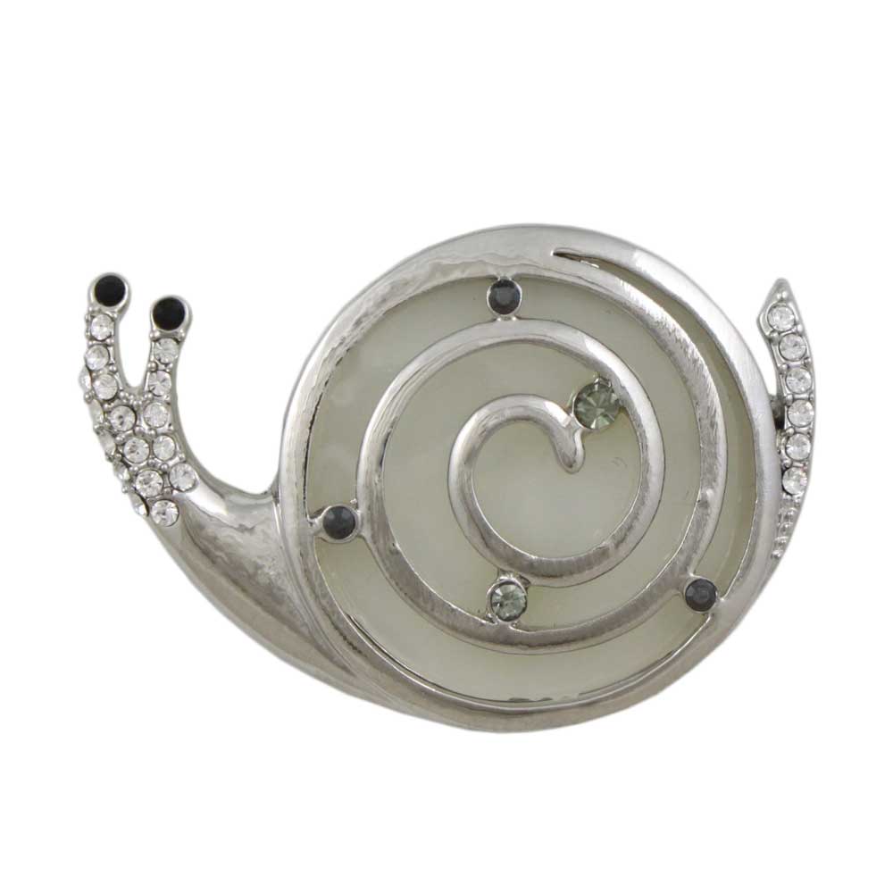 Light Gray Snail with Crystals and Black Eyes Brooch Pin - Lilylin Designs