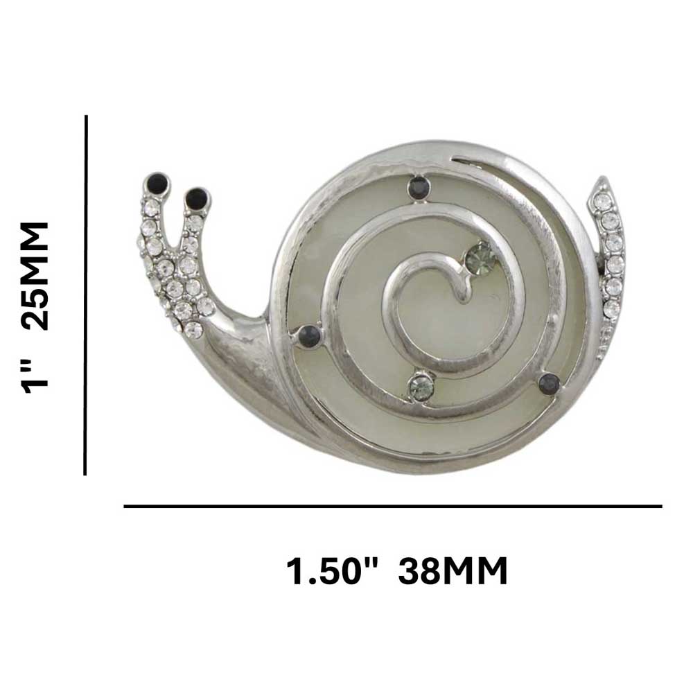 Light Gray Snail with Crystals and Black Eyes Brooch Pin with measurements - Lilylin Designs