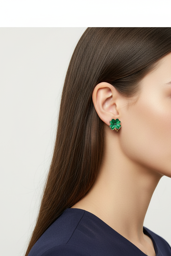 Model wearing green 4 leaf clover earring - Lilylin Designs