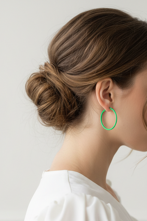 Model wearing green enamel skinny hoop earring - Lilylin Designs