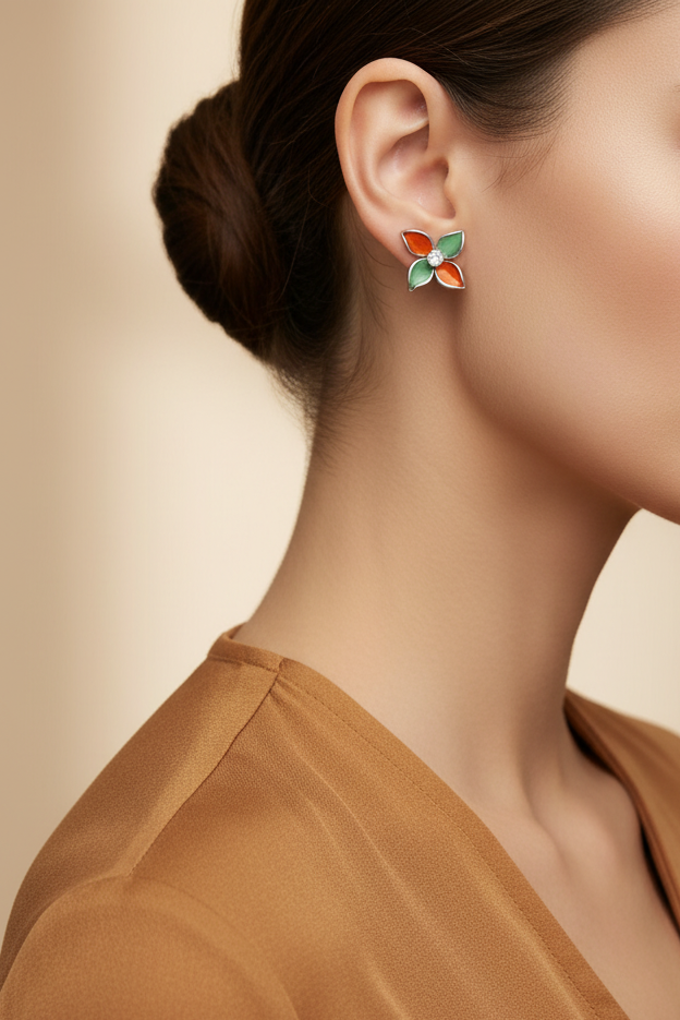 Model wearing green and orange flower stud earring - Lilylin Designs