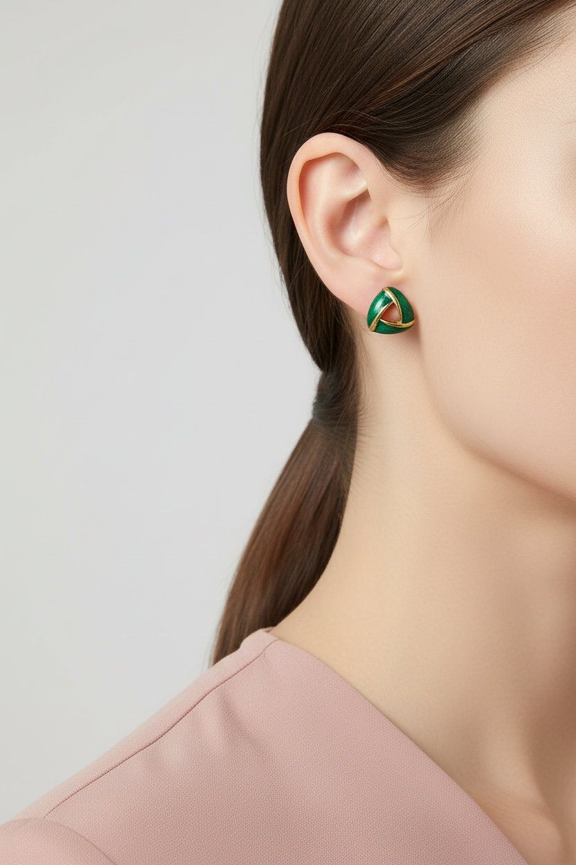 Model wearing small green enamel triangle earring - Lilylin Designs