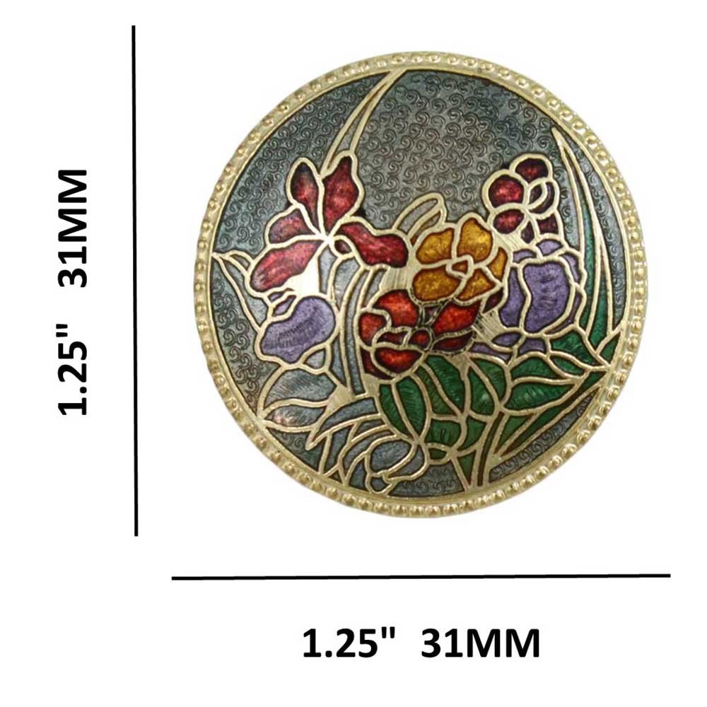 Dark Green Cloisonne Field of Flowers Brooch Pin with measurements - Lilylin Designs