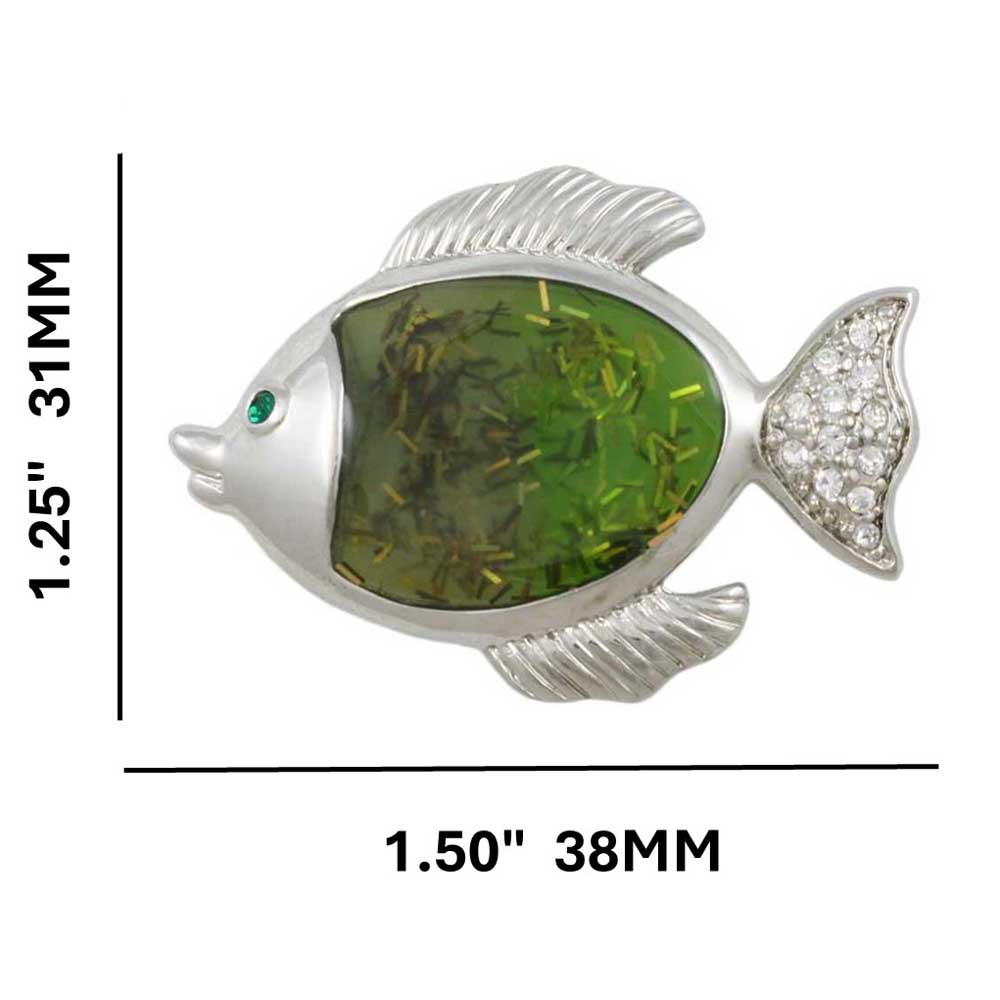 Green Fish with Clear Crystals Brooch Pin with measurements - Lilylin Designs