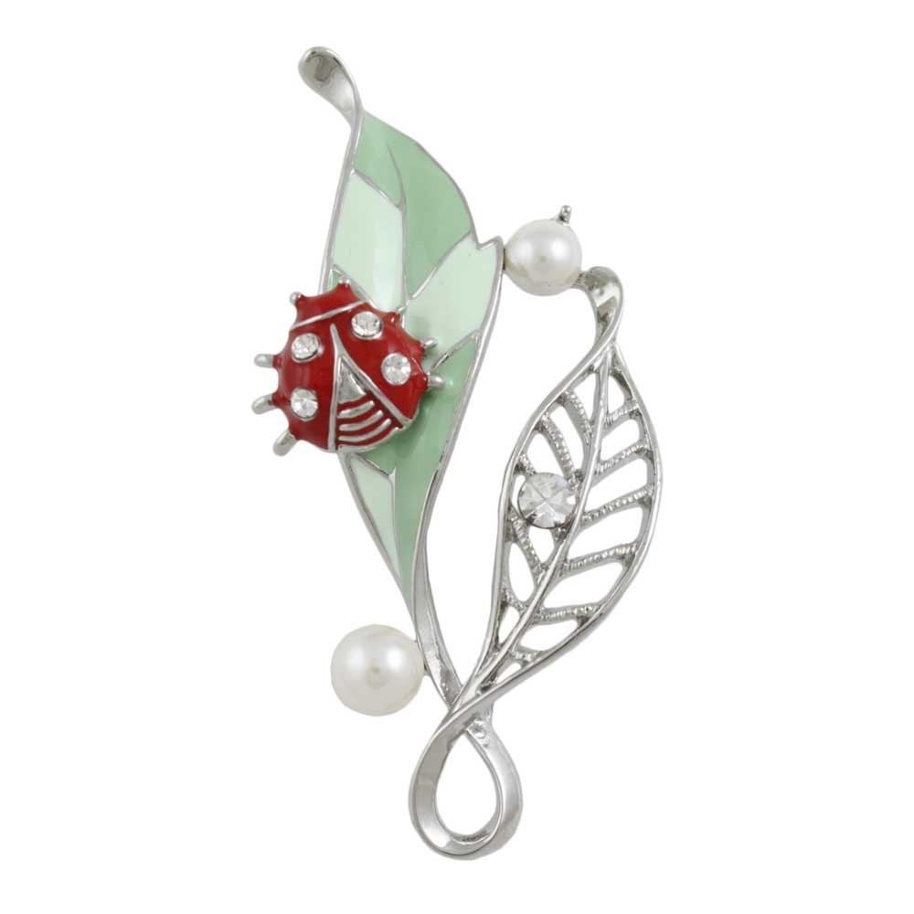 Green Leaf with Red Ladybug Brooch Pin - Lilylin Designs