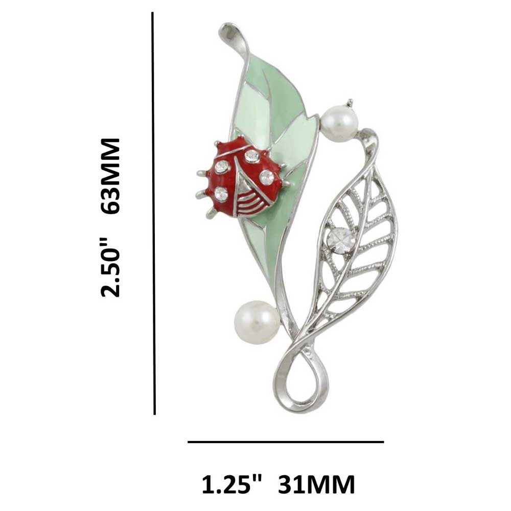 Green leaf with red ladybug brooch pin with measurements - Lilylin Designs