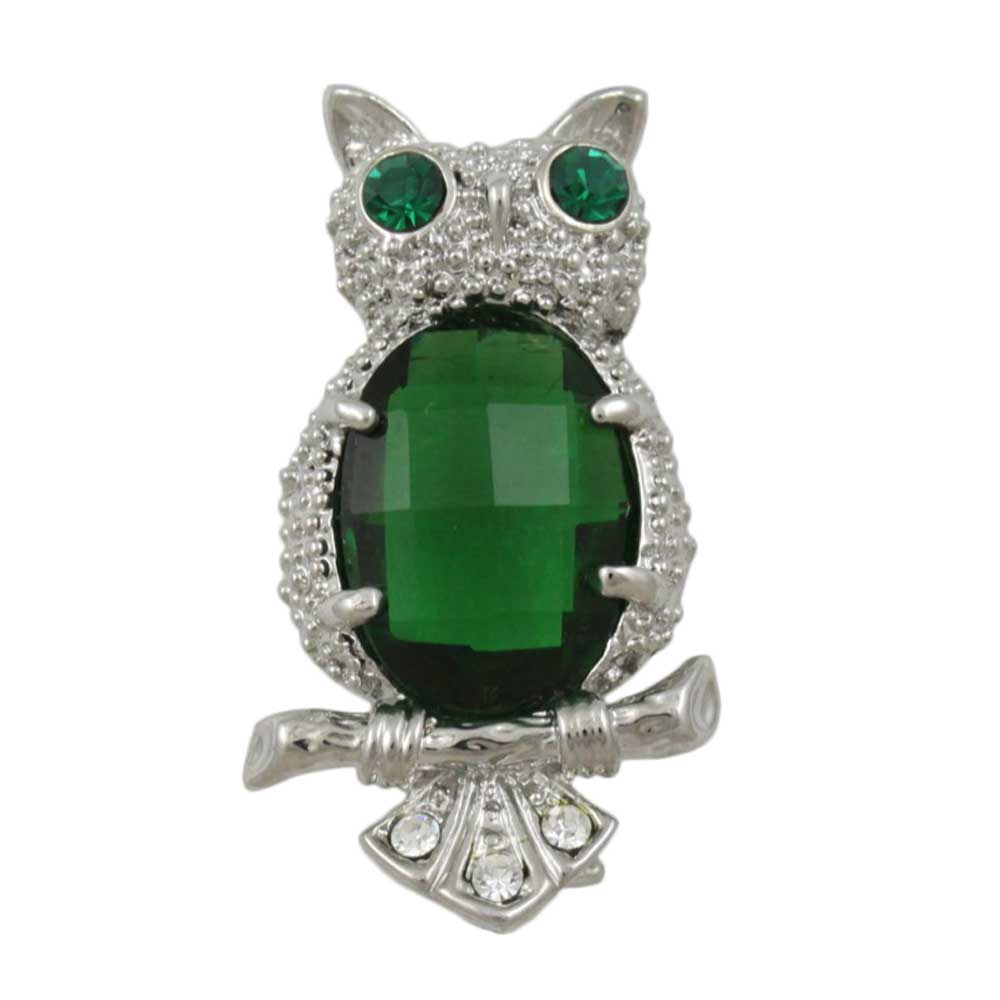 Green Belly Owl with Green Crystal Eyes Brooch Pin - Lilylin Designs